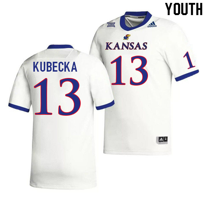 Youth #13 Keaton Kubecka Kansas Jayhawks College Football Jerseys Stitched Sale-White - Click Image to Close